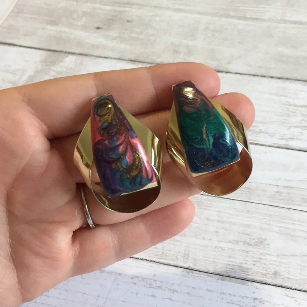 Vintage Enamel  Swirl Pattern Earrings 80's Multicolor Gold Tone Bright Colors